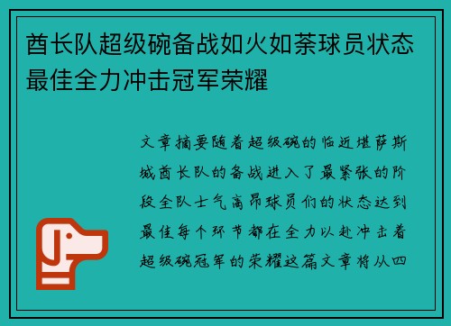 酋长队超级碗备战如火如荼球员状态最佳全力冲击冠军荣耀