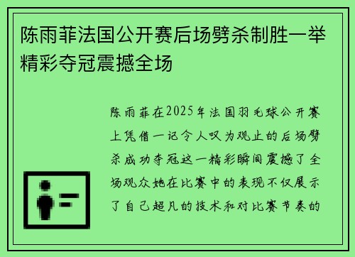 陈雨菲法国公开赛后场劈杀制胜一举精彩夺冠震撼全场