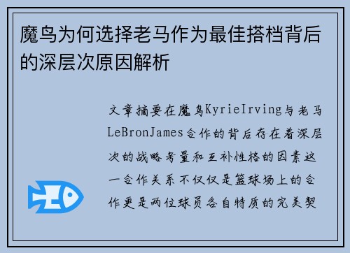 魔鸟为何选择老马作为最佳搭档背后的深层次原因解析